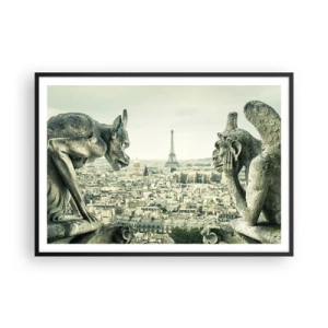 Póster en marco negro - Gárgolas con vistas al horizonte de París y a la Torre Eiffel - 100x70cm - Charlas parisinas - Decoración de pared moderna para salón y dormitorio ARTTOR