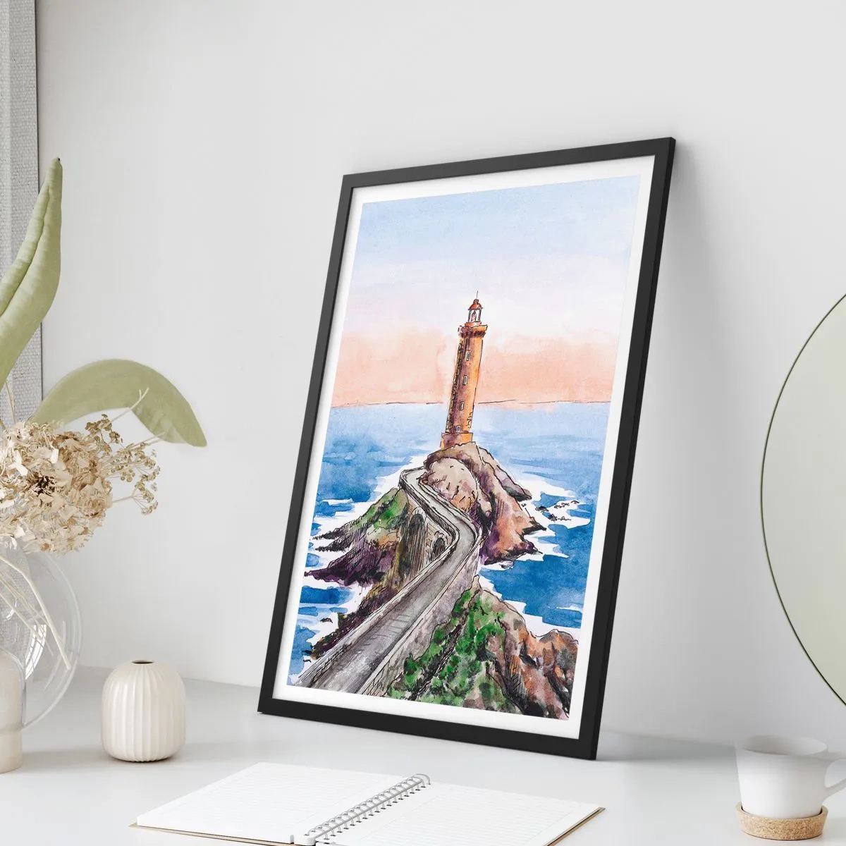 Póster en marco negro - Ilustración de acuarela de un faro en una costa rocosa - 50x70cm - Frente al mar - Decoración de pared moderna para salón y dormitorio ARTTOR