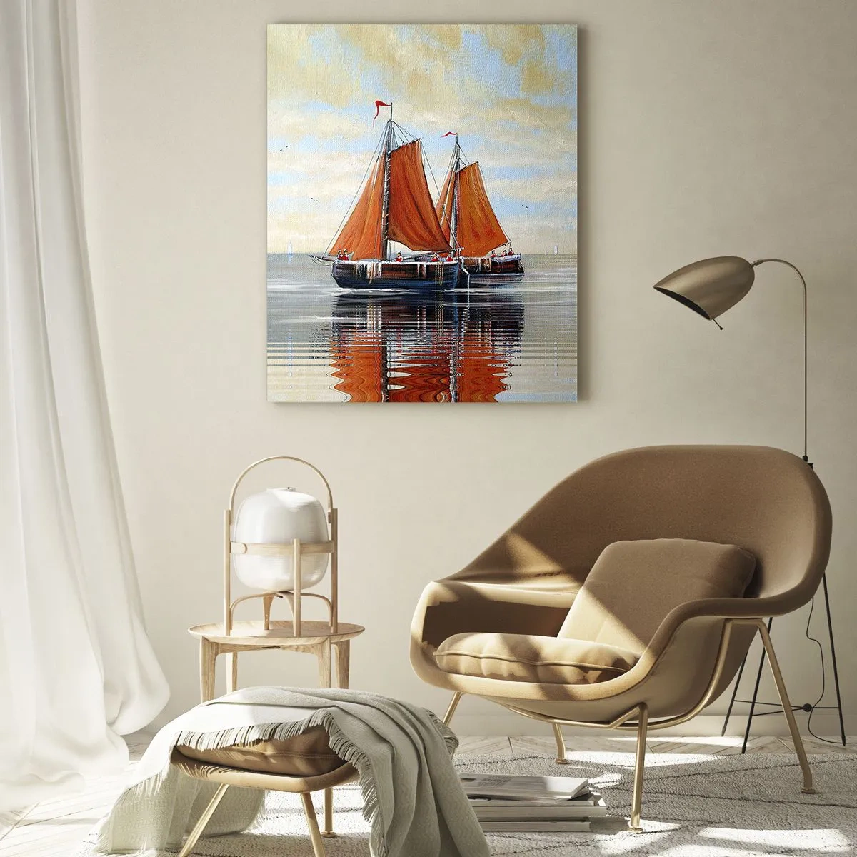 Cuadro sobre vidrio - Impresiones sobre Vidrio - Barcos de vela en un mar tranquilo al atardecer - 50x70cm - Navega, marinero.... - Decoración de pared moderna para salón y dormitorio ARTTOR