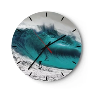 Reloj de pared - Reloj de vidrio - Un surfista frente a una ola gigante de color turquesa. - 30x30cm - Reto aceptado - Decoración de pared moderna para salón, cocina y dormitorio ARTTOR