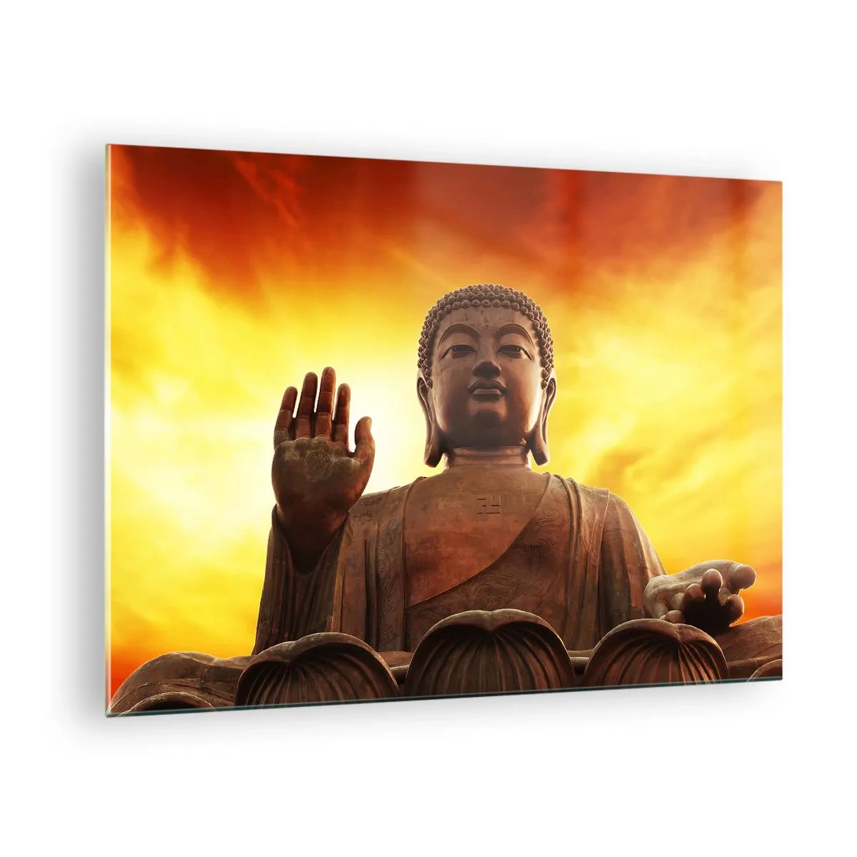 Cuadro sobre vidrio - Impresiones sobre Vidrio - Una estatua de Buda con el telón de fondo de una puesta de sol dorada. - 70x50cm - La calma del mundo - Decoración de pared moderna para salón y dormitorio ARTTOR