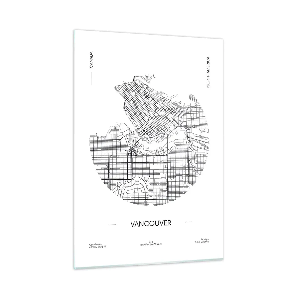 Cuadro sobre vidrio - Impresiones sobre Vidrio - Mapa callejero en blanco y negro de Vancouver - 50x70cm - Anatomía de Vancouver - Decoración de pared moderna para salón y dormitorio ARTTOR