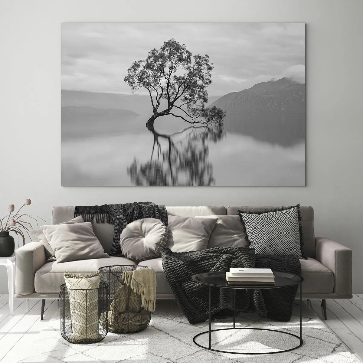 Cuadro sobre vidrio - Impresiones sobre Vidrio - Un árbol solitario en el agua en un paisaje en blanco y negro. - 100x70cm - Existe tal lugar en el mundo - Decoración de pared moderna para salón y dormitorio ARTTOR