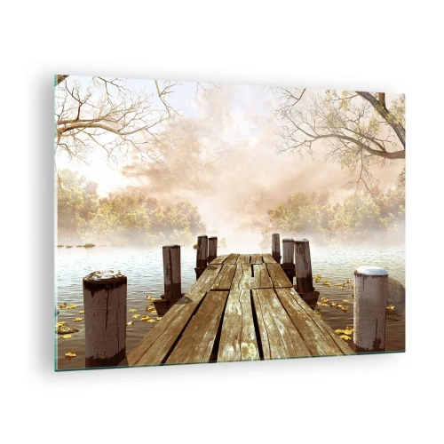 Cuadro sobre vidrio - Impresiones sobre Vidrio - Un embarcadero de madera sobre un lago tranquilo en la niebla. - 70x50cm - La leve tristeza del otoño - Decoración de pared moderna para salón y dormitorio ARTTOR