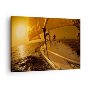 Cuadro sobre lienzo - Impresión de Imagen - Velero en el mar durante la puesta de sol, resplandor dorado. - 70x50cm - Atardecer dorado tras un día multicolor - Decoración de pared moderna para salón y dormitorio ARTTOR