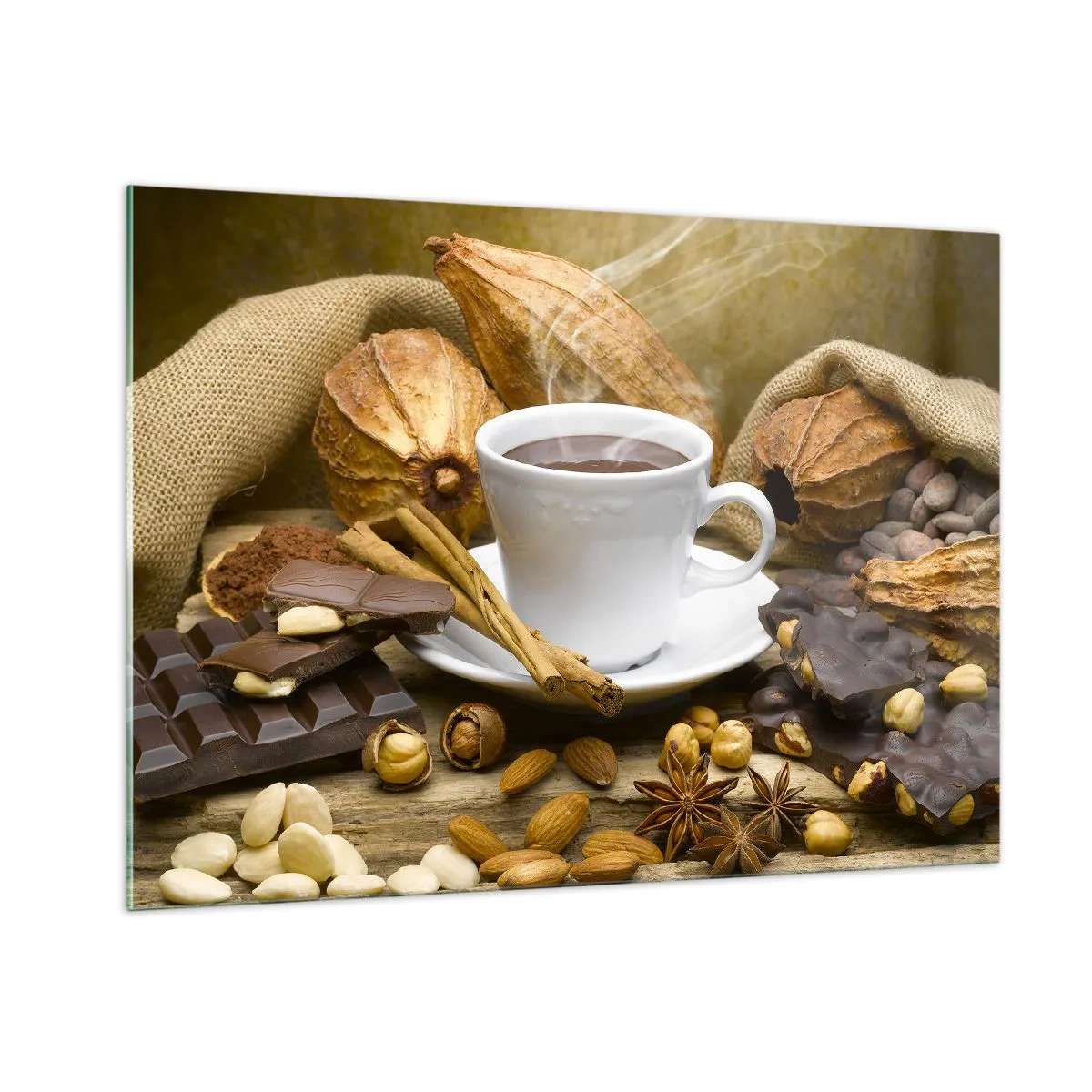 Cuadro sobre vidrio - Impresiones sobre Vidrio - Una taza de chocolate caliente rodeada de chocolate y especias. - 100x70cm - Para los que buscan emociones - Decoración de pared moderna para salón y dormitorio ARTTOR