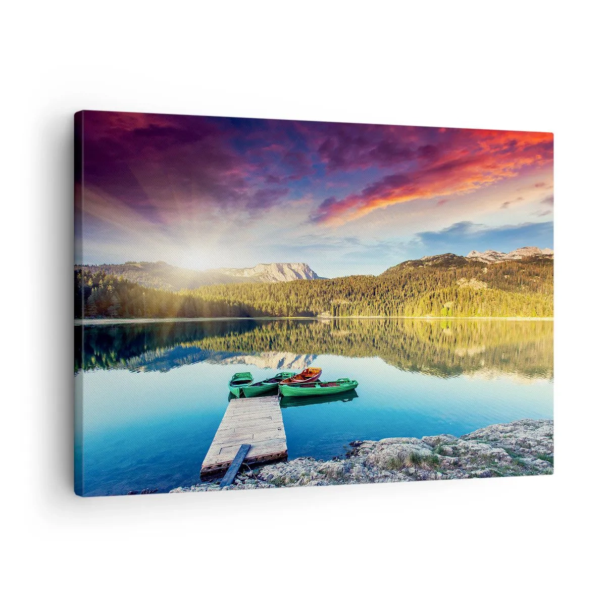 Cuadro sobre lienzo - Impresión de Imagen - Puesta de sol sobre el lago con barcos en el muelle - 70x50cm - Sobre el agua tan suave como un espejo - Decoración de pared moderna para salón y dormitorio ARTTOR