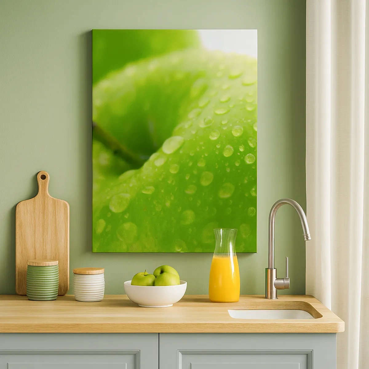 Cuadro sobre lienzo - Impresión de Imagen - Primer plano de una manzana verde con gotas de agua. - 50x70cm - Frescor verde - Decoración de pared moderna para salón y dormitorio ARTTOR