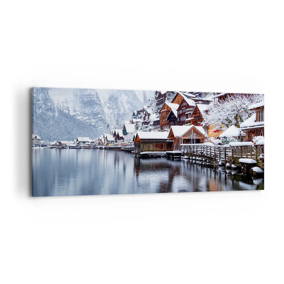 Cuadro sobre lienzo - Impresión de Imagen - Vista invernal de un pueblo de montaña junto al lago. - 120x50cm - En un decorado de invierno - Decoración de pared moderna para salón y dormitorio ARTTOR