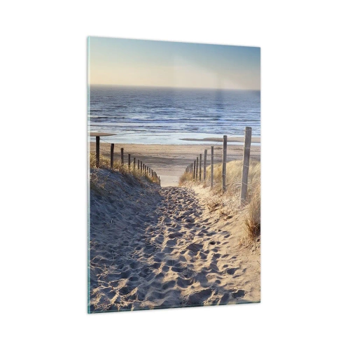 Cuadro sobre vidrio - Impresiones sobre Vidrio - Un camino a través de las dunas que conduce a una playa con un mar en calma. - 50x70cm - El sonido del mar, el canto de los pájaros, una playa virgen entre las dunas... - Decoración de pared moderna para sa