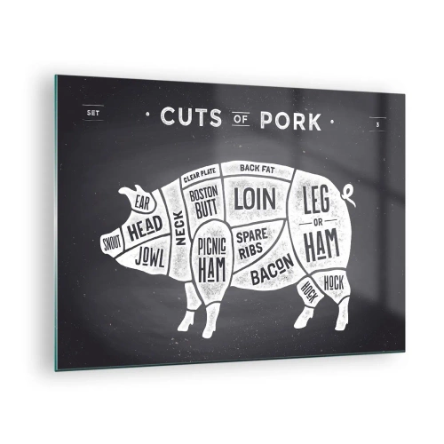 Cuadro sobre vidrio - Impresiones sobre Vidrio - Diagrama de cortes de cerdo en una pizarra - 70x50cm - Manual del carnicero - Decoración de pared moderna para salón y dormitorio ARTTOR