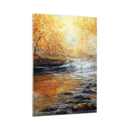 Cuadro sobre vidrio - Impresiones sobre Vidrio - Un arroyo dorado en el bosque rodeado de árboles otoñales. - 50x70cm - Arroyo de oro - Decoración de pared moderna para salón y dormitorio ARTTOR