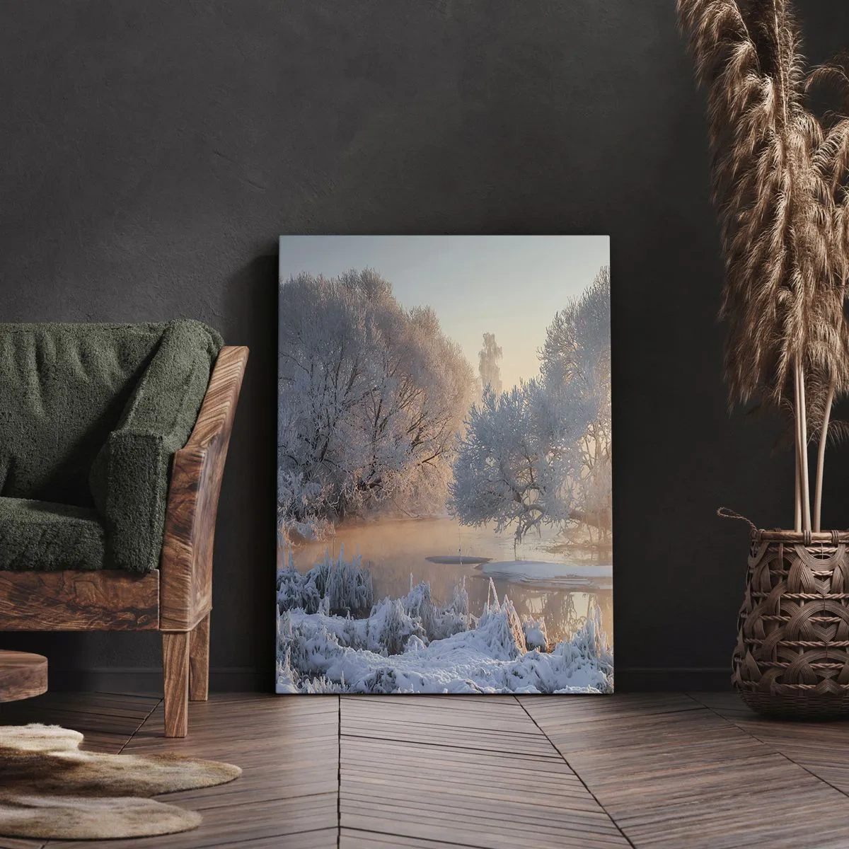 Cuadro sobre lienzo - Impresión de Imagen - Paisaje invernal con árboles cubiertos de nieve y una puesta de sol. - 50x70cm - Brillo cristalino - Decoración de pared moderna para salón y dormitorio ARTTOR