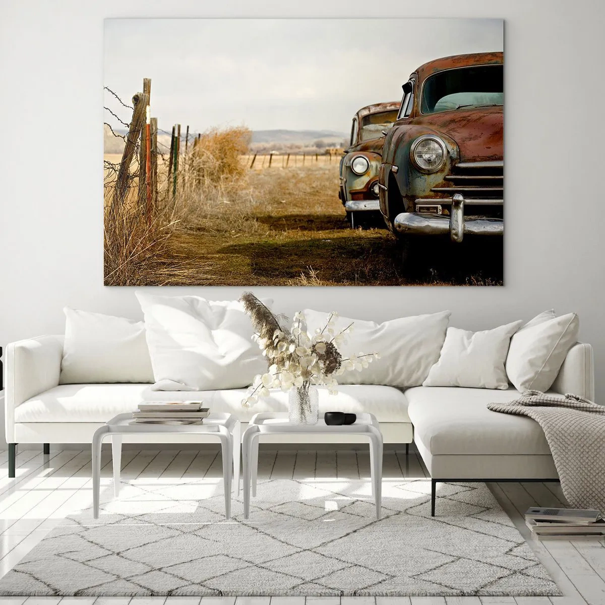 Cuadro sobre vidrio - Impresiones sobre Vidrio - Coches antiguos en una carretera rural - 70x50cm - Un merecido descanso - Decoración de pared moderna para salón y dormitorio ARTTOR