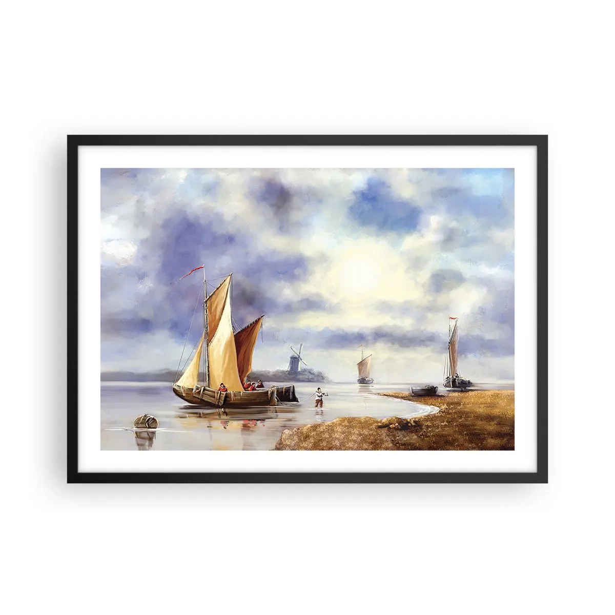 Póster en marco negro - Veleros en aguas tranquilas con molinos de viento al fondo - 70x50cm - El regreso de los marineros - Decoración de pared moderna para salón y dormitorio ARTTOR