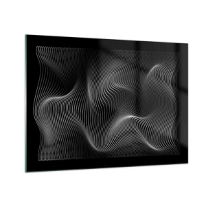 Cuadro sobre vidrio - Impresiones sobre Vidrio - Líneas blancas hipnóticas que ondulan sobre un fondo negro - 70x50cm - La danza de la luz en el espacio - Decoración de pared moderna para salón y dormitorio ARTTOR