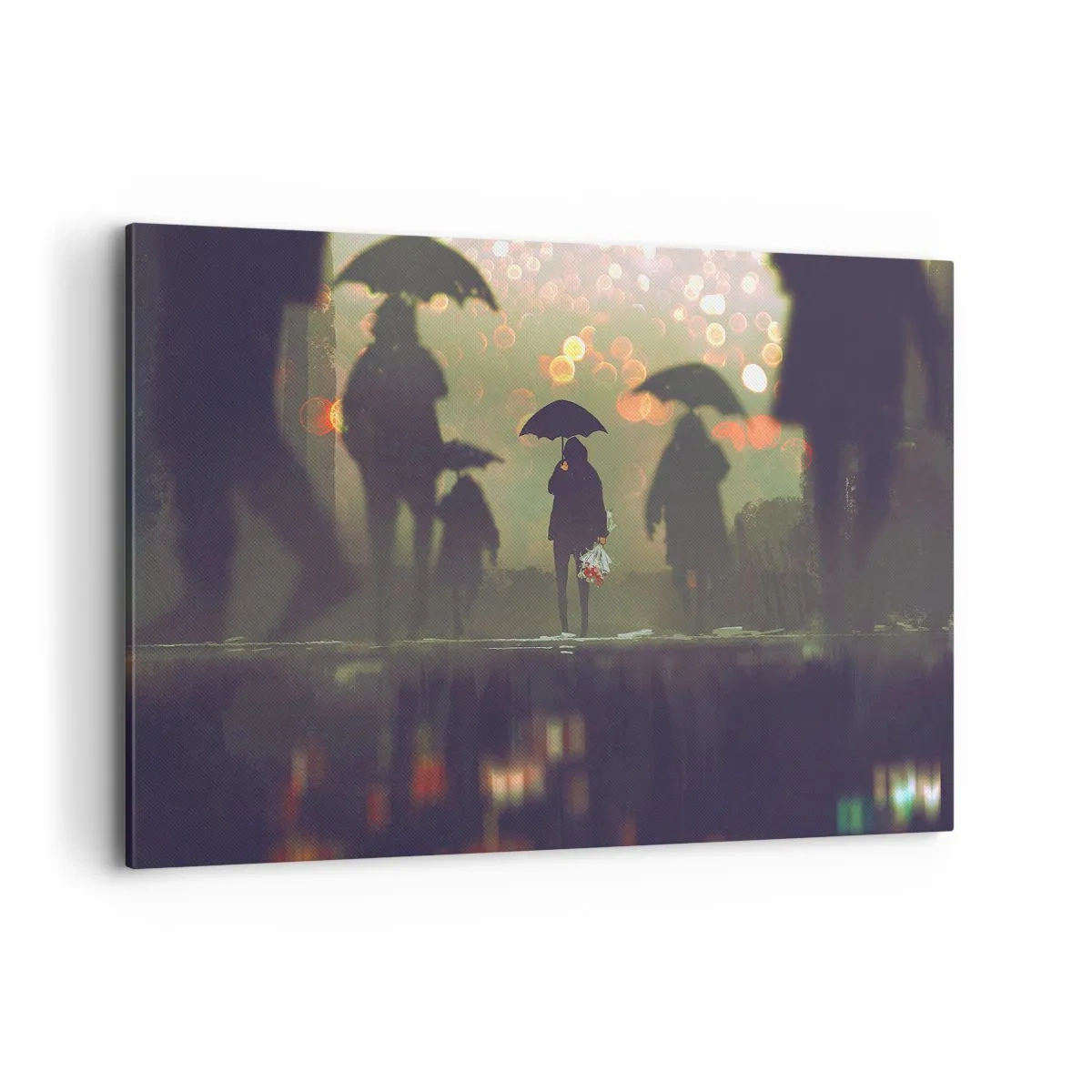Cuadro sobre lienzo - Impresión de Imagen - Una figura con un paraguas en una tarde lluviosa entre las luces de la ciudad. - 100x70cm - Desde la perspectiva de una gota de lluvia - Decoración de pared moderna para salón y dormitorio ARTTOR