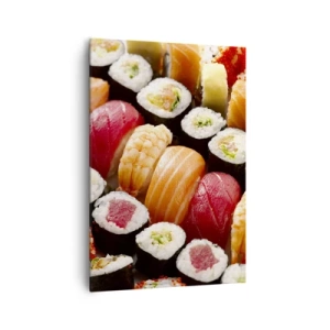 Cuadro sobre lienzo - Impresión de Imagen - Sushi colorido dispuesto en filas con diversos ingredientes. - 70x100cm - Colores y sabores de Asia - Decoración de pared moderna para salón y dormitorio ARTTOR