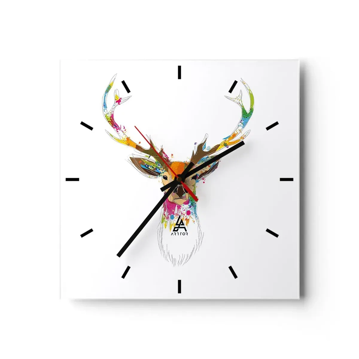 Reloj de pared - Reloj de vidrio - Cabeza de ciervo colorida en estilo artístico. - 30x30cm - Un suave ciervo bañado en color - Decoración de pared moderna para salón y dormitorio ARTTOR