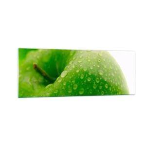 Cuadro sobre vidrio - Impresiones sobre Vidrio - Primer plano de una manzana verde con gotas de agua. - 140x50cm - Frescor verde - Decoración de pared moderna para salón y dormitorio ARTTOR