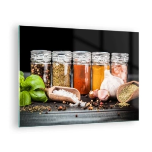 Cuadro sobre vidrio - Impresiones sobre Vidrio - Especias coloridas en frascos sobre un fondo oscuro - 70x50cm - Para que la vida sepa bien - Decoración de pared moderna para salón y dormitorio ARTTOR