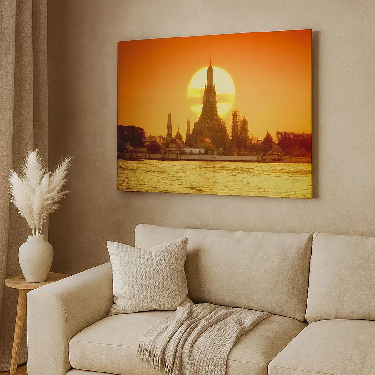 Cuadro sobre lienzo - Impresión de Imagen - Puesta de sol sobre el templo con reflejo en el agua. - 70x50cm - Hacia el sol, siempre hacia el sol - Decoración de pared moderna para salón y dormitorio ARTTOR