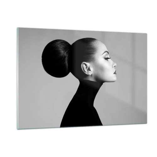 Cuadro sobre vidrio - Impresiones sobre Vidrio - Mujer elegante de negro sobre un fondo gris. - 120x80cm - Nefertiti contemporánea - Decoración de pared moderna para salón y dormitorio ARTTOR