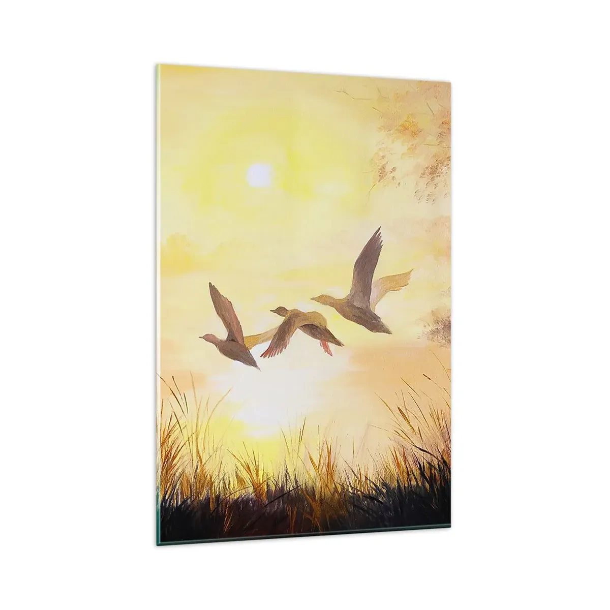 Cuadro sobre vidrio - Impresiones sobre Vidrio - Patos volando al amanecer sobre el lago - 80x120cm - El comienzo de un largo viaje - Decoración de pared moderna para salón y dormitorio ARTTOR
