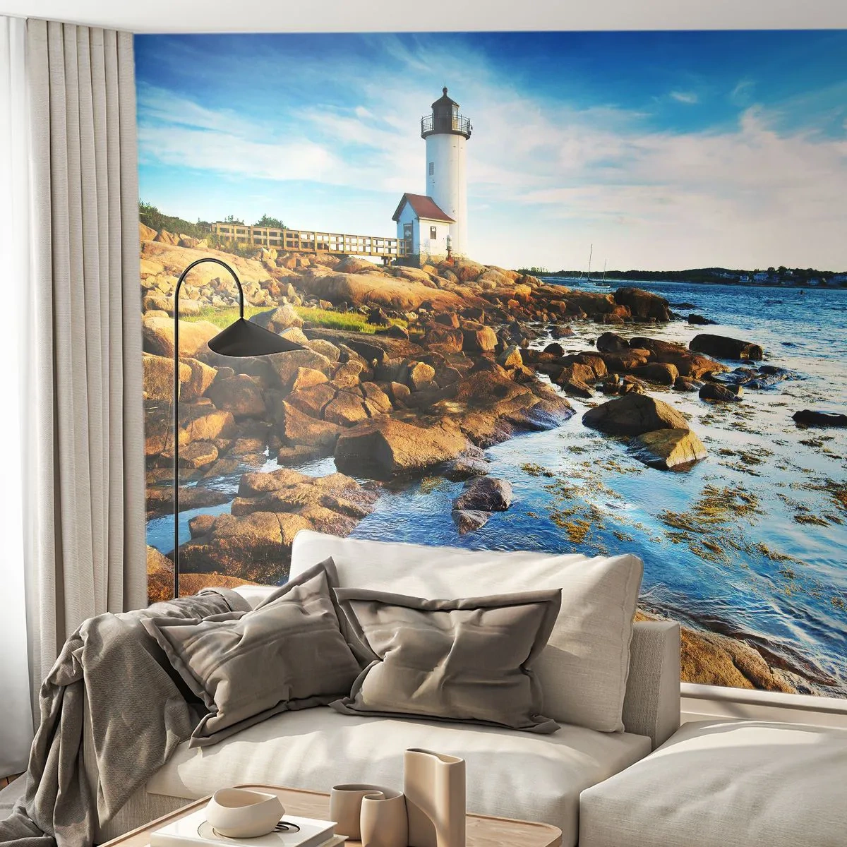 Fotomural Premium Sand - Un faro en una costa rocosa al atardecer - 100x70cm - Esperando vuestro regreso - Decoración de pared moderna para salón y dormitorio ARTTOR