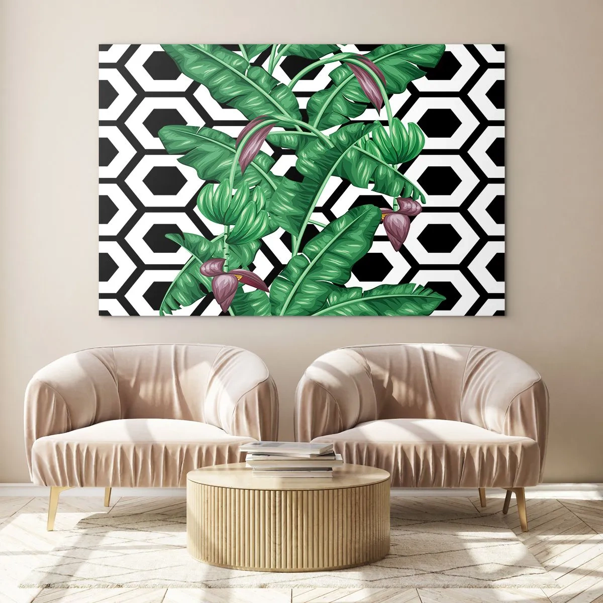 Cuadro sobre vidrio - Impresiones sobre Vidrio - Hojas y flores tropicales sobre un fondo con patrón geométrico en blanco y negro - 70x50cm - Composición simétrica de la naturaleza - Decoración de pared moderna para salón y dormitorio ARTTOR