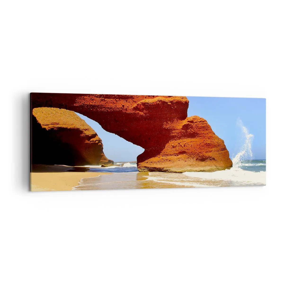 Cuadro sobre lienzo - Impresión de Imagen - Un arco de roca natural en una playa con cielos azules y olas. - 140x50cm - El agua y el viento a través de miles de años - Decoración de pared moderna para salón y dormitorio ARTTOR