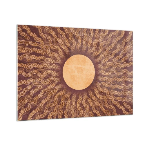 Cuadro sobre vidrio - Impresiones sobre Vidrio - Un sol estilizado con rayos en forma de líneas onduladas sobre un fondo marrón. - 100x70cm - Icono del sol - Decoración de pared moderna para salón y dormitorio ARTTOR