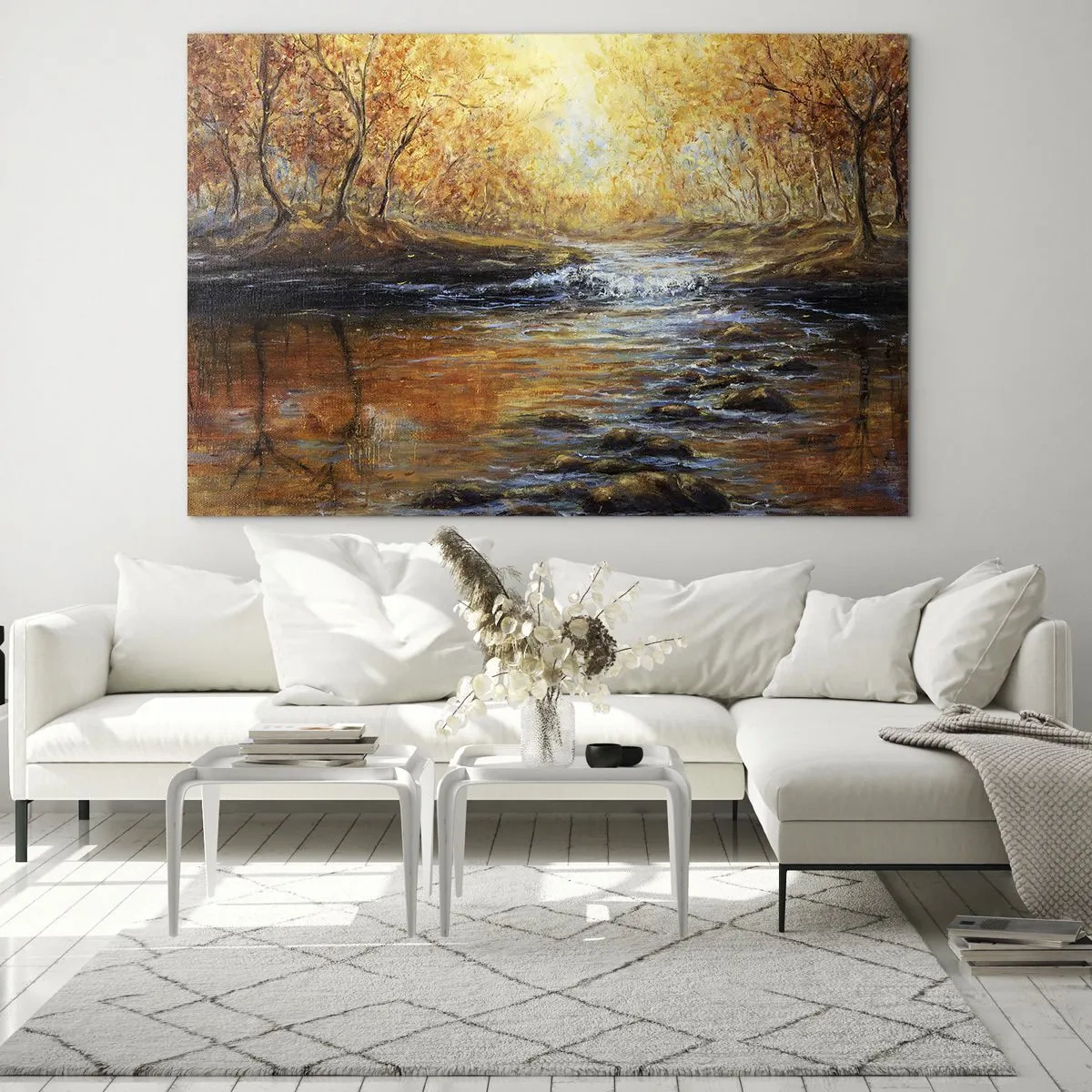 Cuadro sobre vidrio - Impresiones sobre Vidrio - Un arroyo dorado en el bosque rodeado de árboles otoñales. - 70x50cm - Arroyo de oro - Decoración de pared moderna para salón y dormitorio ARTTOR