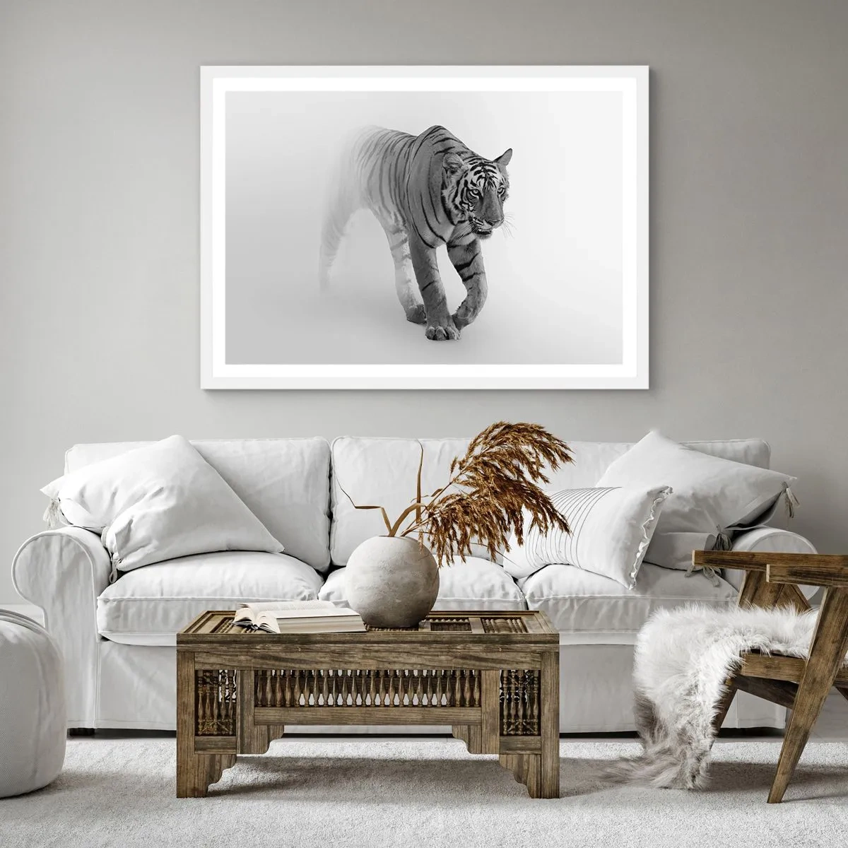 Póster en marco blanco - Siempre alerta entre la niebla - 40x40 cm