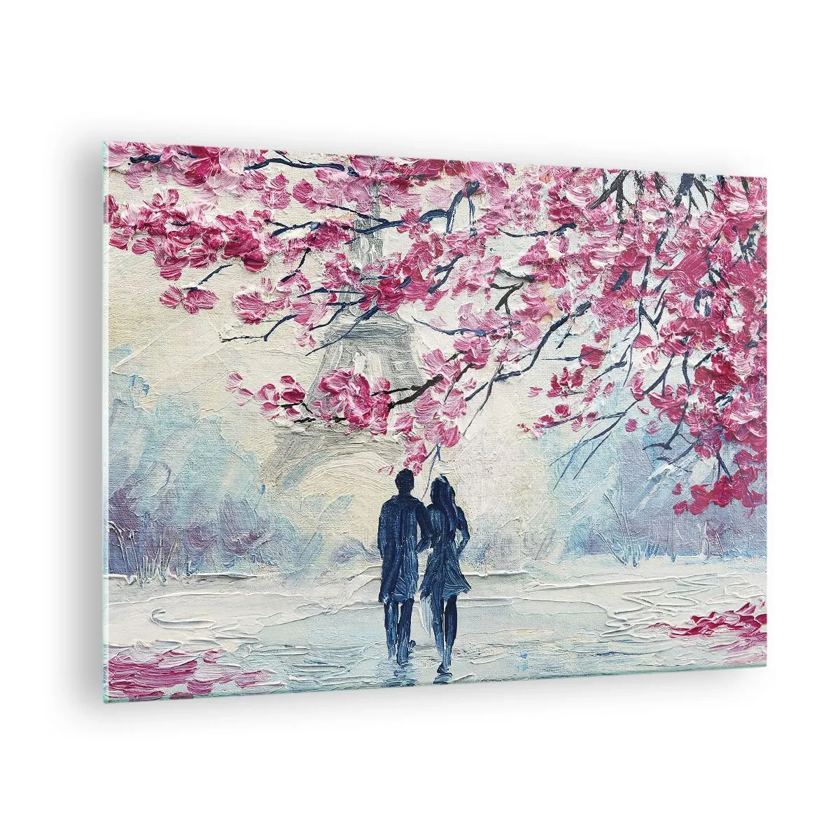 Cuadro sobre vidrio - Impresiones sobre Vidrio - Una pareja caminando bajo árboles en flor. - 70x50cm - Un paseo romántico - Decoración de pared moderna para salón y dormitorio ARTTOR