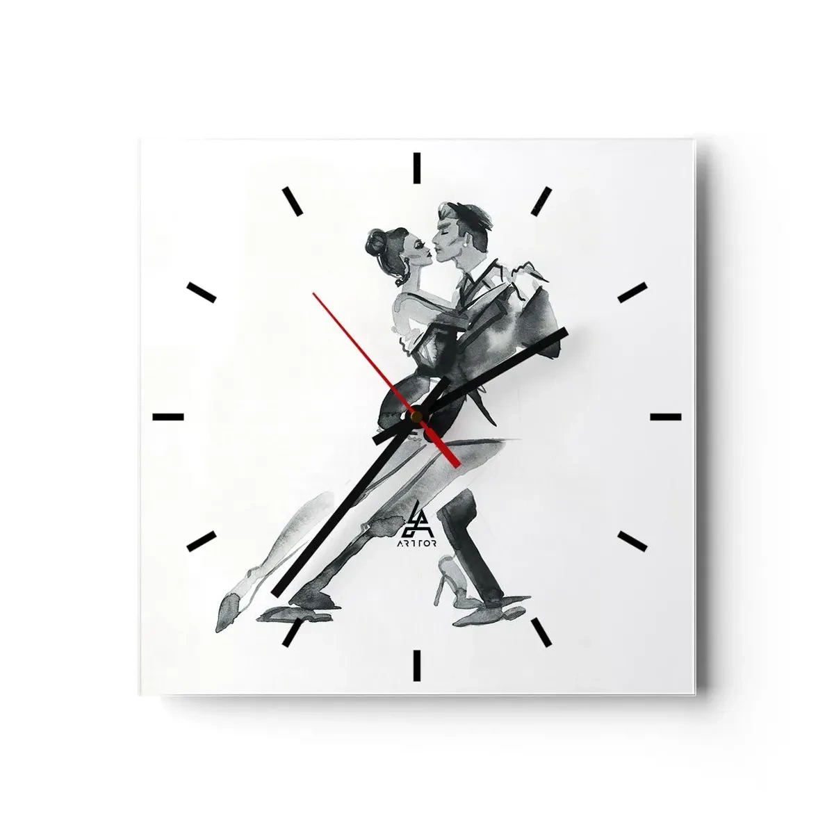 Reloj de pared - Reloj de vidrio - Una ilustración sutil de una pareja bailando en un estilo monocromático. - 30x30cm - Todos al son de la música - Decoración de pared moderna para salón y dormitorio ARTTOR