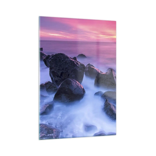 Cuadro sobre vidrio - Impresiones sobre Vidrio - Olas rompiendo en las rocas al atardecer - 50x70cm - Nacimiento en la luz y la niebla - Decoración de pared moderna para salón y dormitorio ARTTOR
