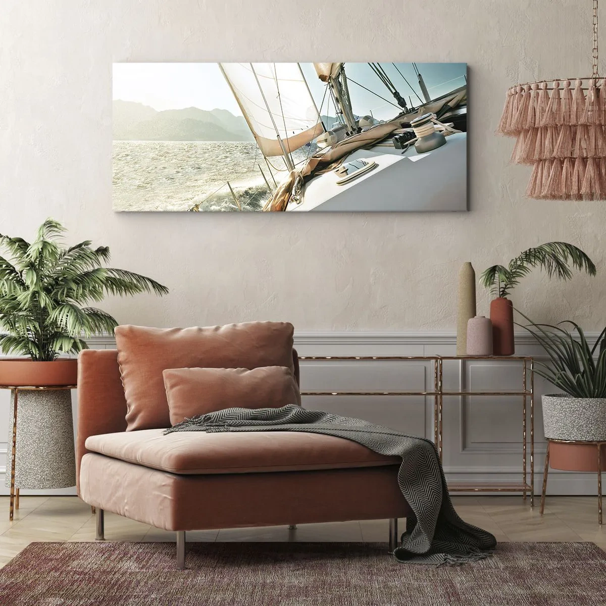 Cuadro sobre lienzo - Impresión de Imagen - Un yate en mar abierto con vistas a las montañas. - 120x50cm - A toda vela - Decoración de pared moderna para salón y dormitorio ARTTOR