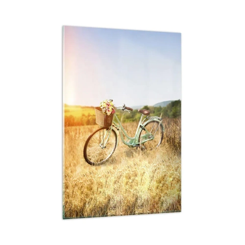 Cuadro sobre vidrio - Impresiones sobre Vidrio - Una bicicleta retro con una cesta llena de flores sobre un fondo de pradera. - 80x120cm - Me quedaré aquí un tiempo - Decoración de pared moderna para salón y dormitorio ARTTOR