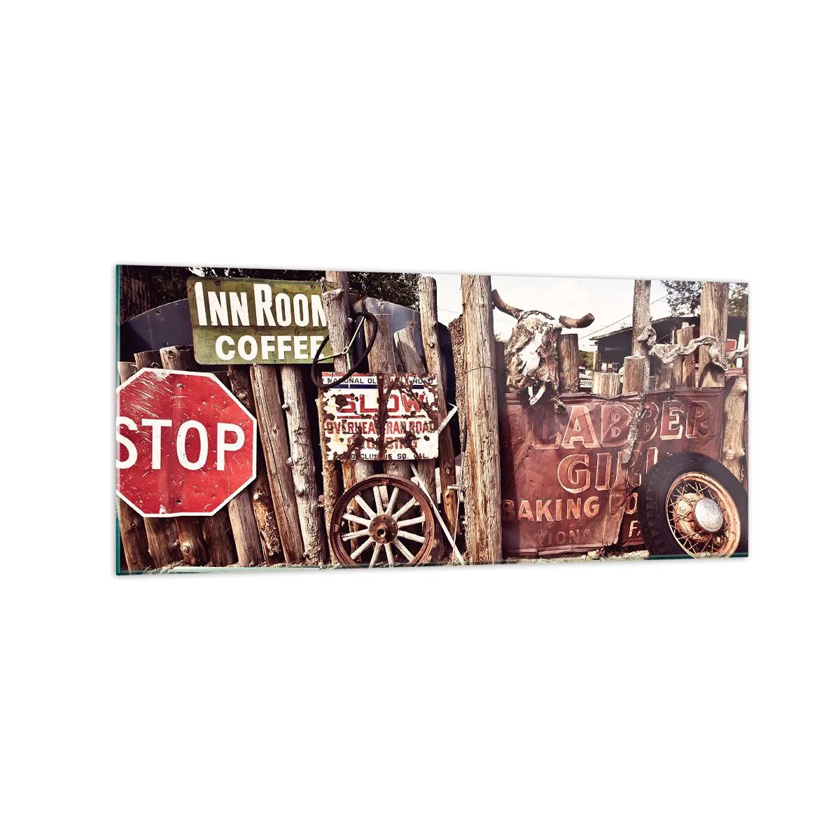 Cuadro sobre vidrio - Impresiones sobre Vidrio - Decoraciones rústicas con letreros y una rueda en la valla. - 120x50cm - Y el tiempo se detuvo - Decoración de pared moderna para salón y dormitorio ARTTOR