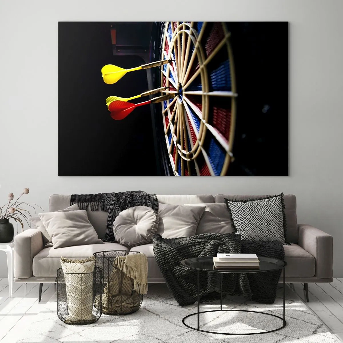 Cuadro sobre vidrio - Impresiones sobre Vidrio - Dardos que impactan en un objetivo en un entorno oscuro. - 100x70cm - En el blanco - Decoración de pared moderna para salón y dormitorio ARTTOR
