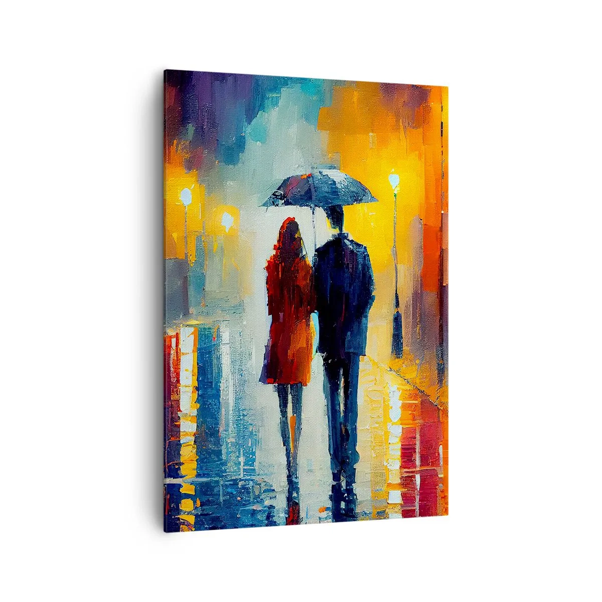Cuadro sobre lienzo - Impresión de Imagen - Una pareja bajo un paraguas caminando por una colorida ciudad nocturna. - 70x100cm - Juntos en una noche llena de color - Decoración de pared moderna para salón y dormitorio ARTTOR