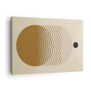 Cuadro sobre lienzo - Impresión de Imagen - Abstracción geométrica con círculos y líneas onduladas en colores cálidos. - 70x50cm - Sobre el origen de las figuras geométricas - Decoración de pared moderna para salón y dormitorio ARTTOR