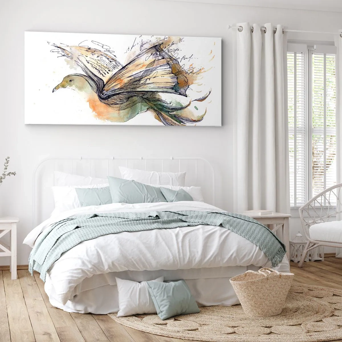 Cuadro sobre lienzo - Impresión de Imagen - Pintura artística de acuarela de un pájaro con un libro como alas. - 120x50cm - En las alas de la poesía - Decoración de pared moderna para salón y dormitorio ARTTOR