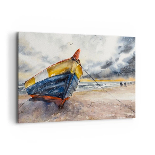 Cuadro sobre lienzo - Impresión de Imagen - Un pintoresco barco en la playa bajo un cielo nublado. - 120x80cm - Descansando en la orilla - Decoración de pared moderna para salón y dormitorio ARTTOR