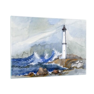 Cuadro sobre vidrio - Impresiones sobre Vidrio - Un faro junto a un mar tempestuoso en estilo acuarela. - 100x70cm - Contra la oscuridad y la tormenta - Decoración de pared moderna para salón y dormitorio ARTTOR