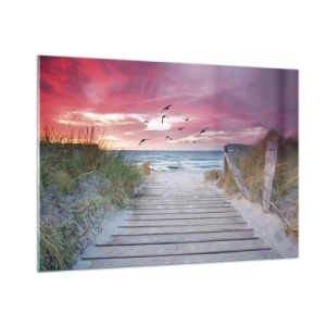 Cuadro sobre vidrio - Impresiones sobre Vidrio - Camino a la playa al atardecer con pájaros volando - 100x70cm - Impresión del Báltico - Decoración de pared moderna para salón y dormitorio ARTTOR