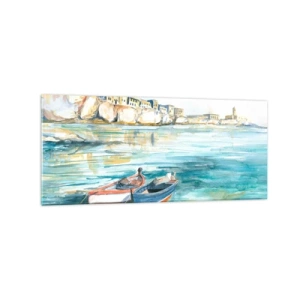 Cuadro sobre vidrio - Impresiones sobre Vidrio - Un pintoresco paisaje costero con barcos en el agua. - 120x50cm - Paisaje en azul - Decoración de pared moderna para salón y dormitorio ARTTOR