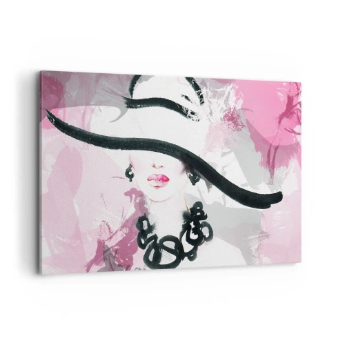 Cuadro sobre lienzo - Impresión de Imagen - Una mujer elegante con sombrero sobre un fondo de abstracciones rosas. - 120x80cm - Retrato de una dama en negro y rosa - Decoración de pared moderna para salón y dormitorio ARTTOR