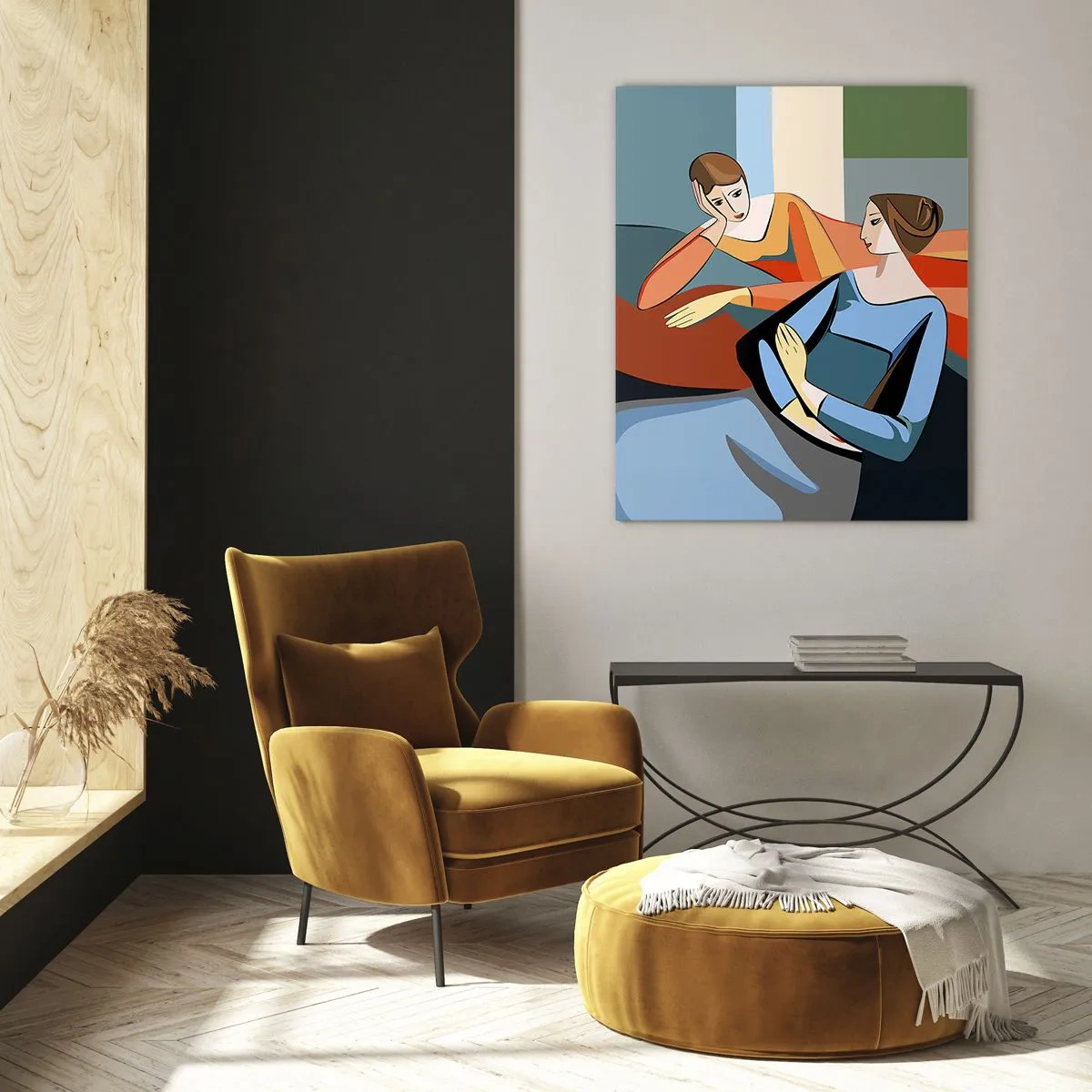 Cuadro sobre vidrio - Impresiones sobre Vidrio - Una escena geométrica de una conversación entre dos mujeres con el telón de fondo de un interior. - 50x70cm - Un momento de confidencias - Decoración de pared moderna para salón y dormitorio ARTTOR